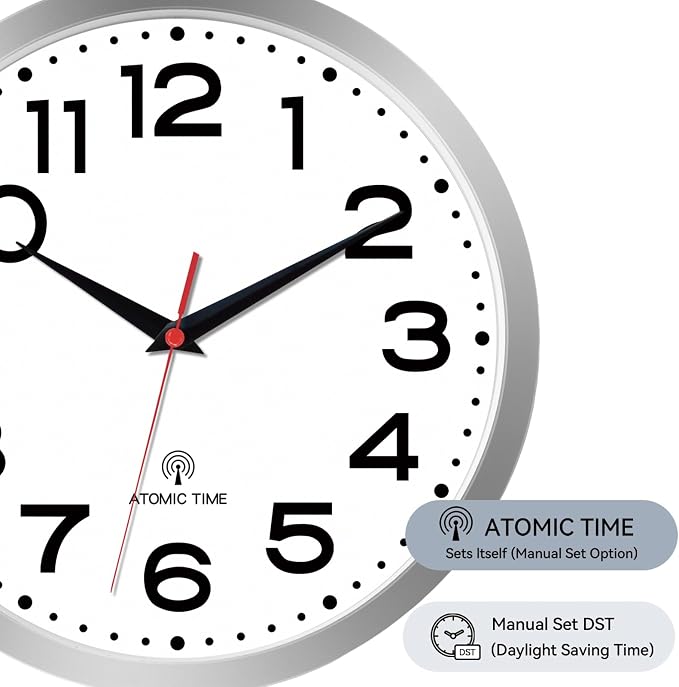 Roymnie 14 Inch Atomic Wall Clock, Battery Operated Silent Non Ticking | Silver analog wall clock; bold numerals for easy reading; silent non-ticking; 1 AA battery (not included); for classroom