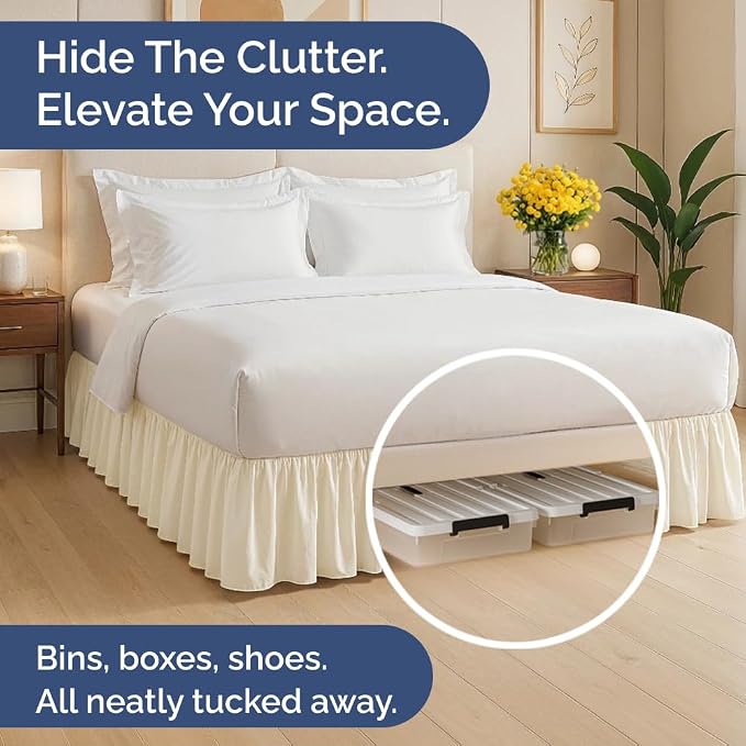 Bedskirt Queen Size Ruffle - Ruffled Bed Skirt - 12 Inch Drop - Off White | Bedskirt with Platform, Ultra-Soft Premium Hotel Quality, Wrinkle Free, Fade & Shrink Resistant, for Women, Men, Kids & Teens