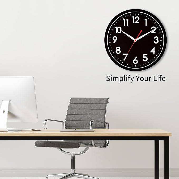 AKCISOT 10 Inch Wall Clock, Silent Battery Operated Analog Clock, Black | Classroom | Kitchen | Office | Easy to Read Numbers | Garage