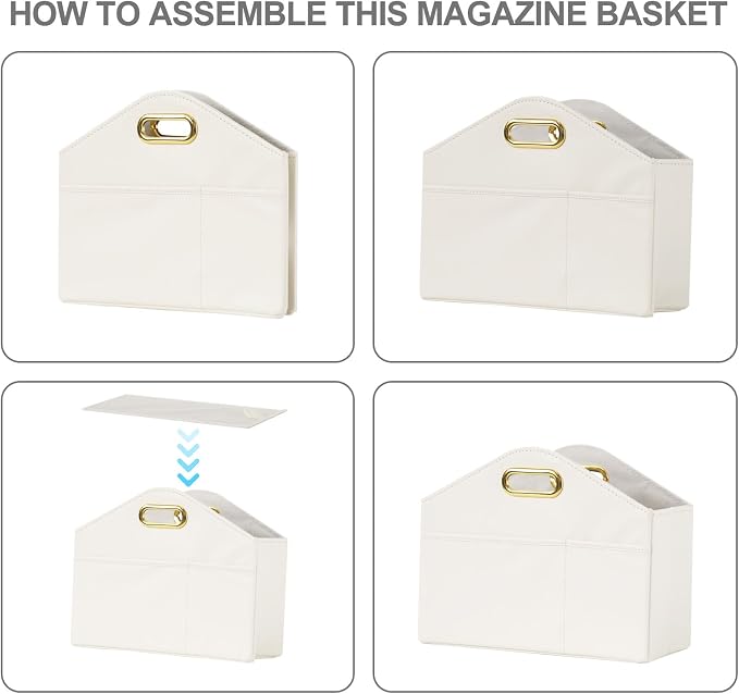 Magazine Holder PU Leather Magazine Rack Floor foldable Magazine Basket Organizer Newspaper Storage Bin Document File Holder for Home Office - white
