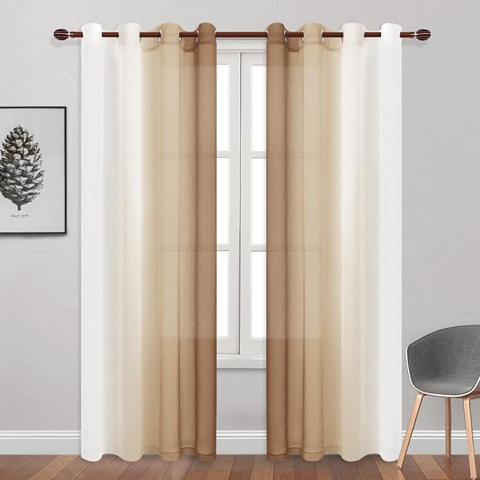 DWCN Taupe Faux Linen Ombre Sheer Curtains - 84 inches Long Gradient Semi Voile Curtains for Bedroom and Living Room, Set of 2 Grommet Top Window Curtain Panels, 52 x 84 Inches Long, Taupe
