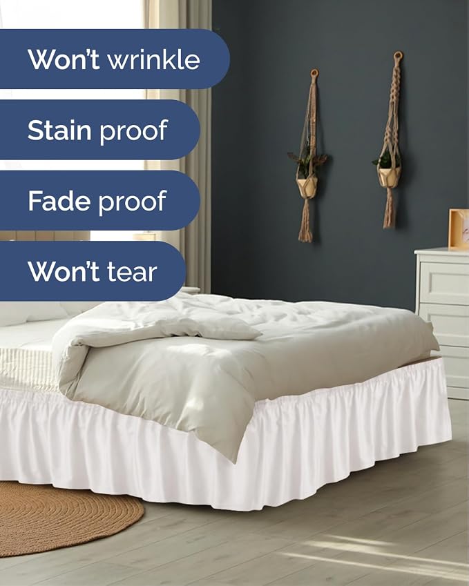 Wrap Around Dust Ruffle Bed Skirt - College Dorm Room - Twin/Twin XL | Antique White, 12 Inch Drop, Elastic Strap & Adjustable Pleated Bedskirt, Wrinkle Free, for Women, Men, Students & Teens