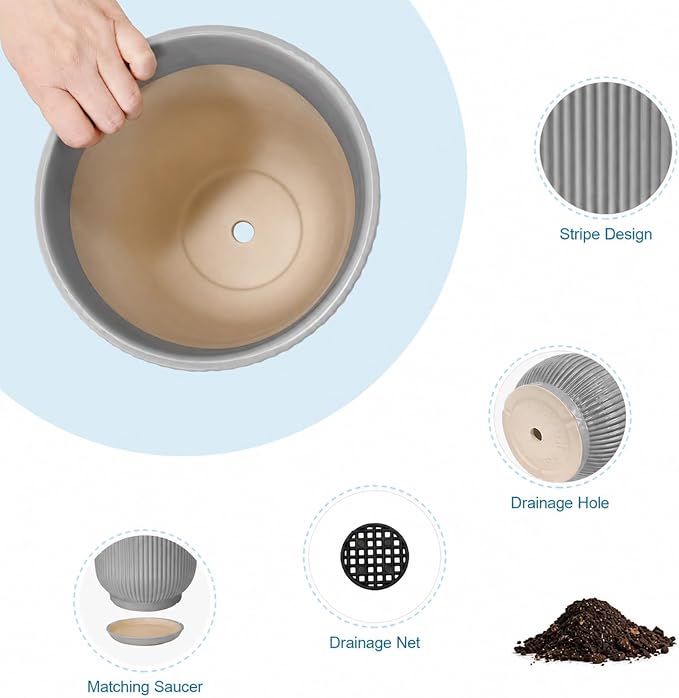 Deep Dream 10 Inch Ceramic Pots for Plants, Heavy Plant Pot for Indoor Outdoor Plants, Large Plant Pot with Drainage Hole and Saucer, Modern Tall Flower Pot, Gifts for Plant Lovers, Grey