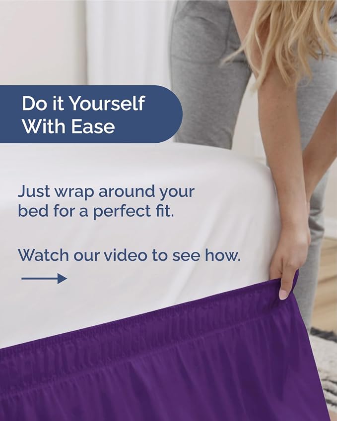 Wrap Around Dust Ruffle Bed Skirt, Full Size Beds - 15 Inch Drop, Purple | Easy Fit Elastic Strap, Adjustable Pleated Bedskirt w/Brushed Fabric, Wrinkle & Fade Free, for Women, Men, Kids & Teens