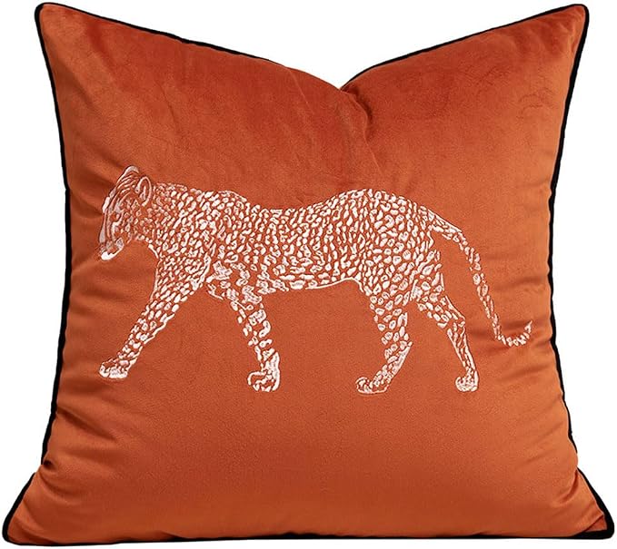 vctops Fall Soft Velvet Embroidery Square Decorative Throw Pillow Covers Leopard Pattern Cushion Case for Sofa Bedroom Couch (Orange,18"x18")