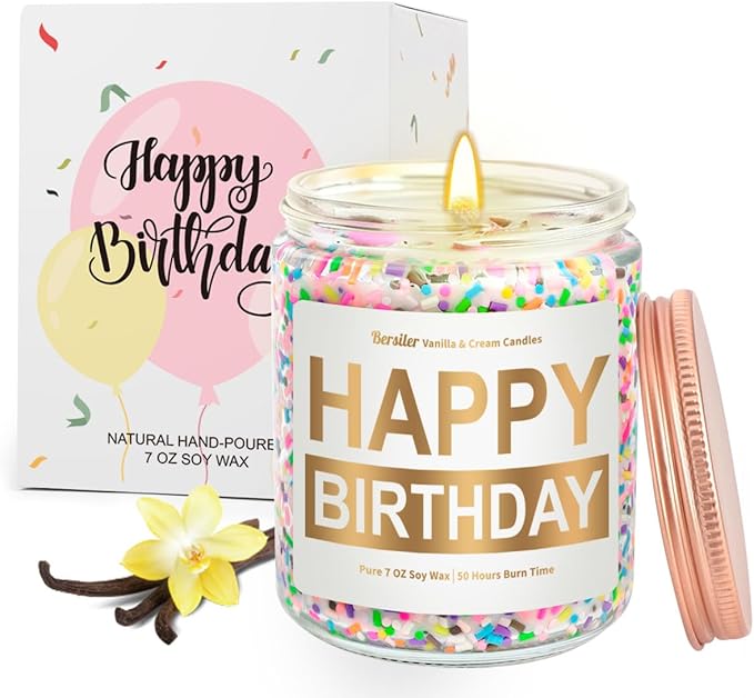 Happy Birthday Candles, Birthday Gifts for Women Mom Sister | Vanilla Cream Scented Candles, Soy Wax Candle, Gift Ideas for Her Teacher Friends 30th, 40th, 50th and 60th Birthdays