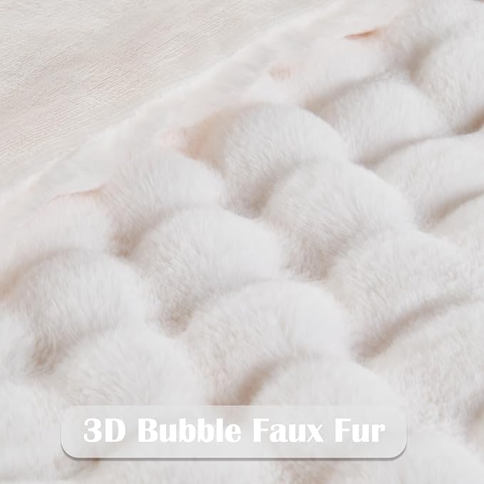 NEWCOSPLAY Faux Fur Fluffy Bubble King Blanket for Couch, Ivory, 90"x110" | Soft Thick Warm Bubble Blanket for Couch Sofa Bed 550GSM, Plush Cozy Luxury Decorative Throw, Gift for Women Men