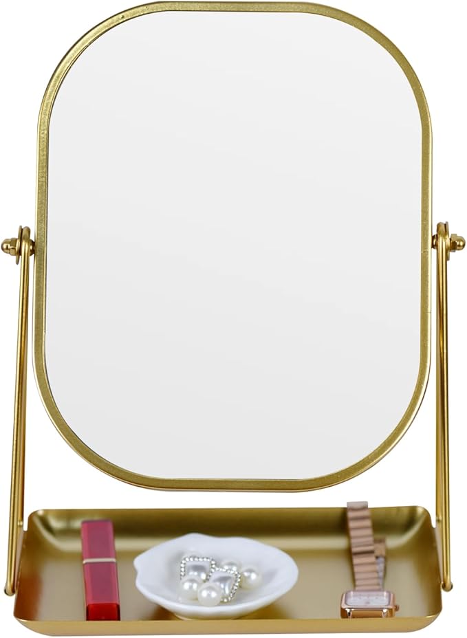 Tstarer 360 Degrees Rotating Metal Makeup Mirror with Storage (Gold) | Vanity Mirror for Desk, Bathroom, Bedroom, Dressing Table