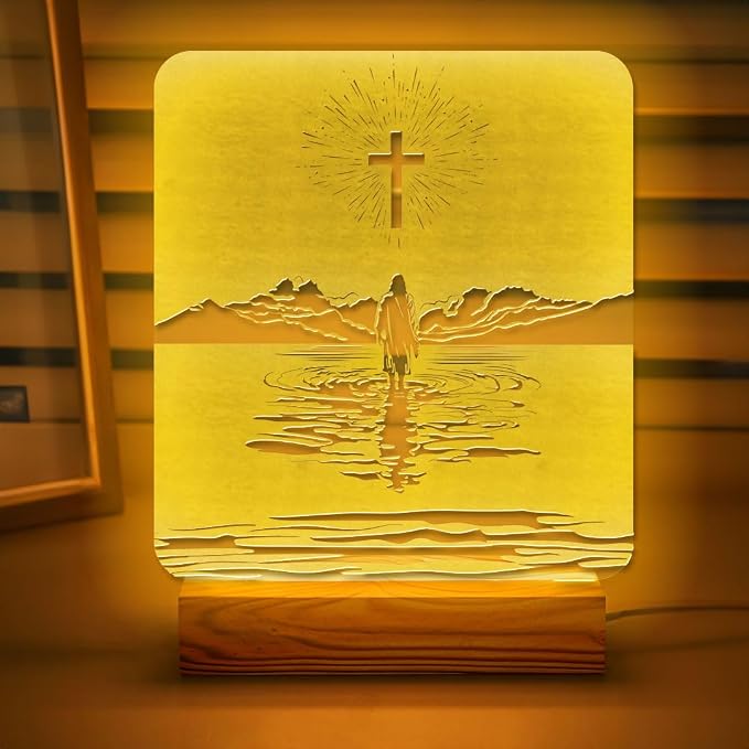 Christian Mom Gift – LED Night Light with Jesus and Cross Design – Mother's Day for Christian Mom – USB Powered Lamp – Wooden Base – Inspirational Christian Home Decor and Encouragement Gift