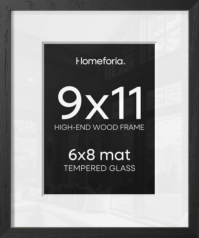 Homeforia 9x11 Black Oak Picture Frame, High-End Wood, 6x8 Mat, Glass