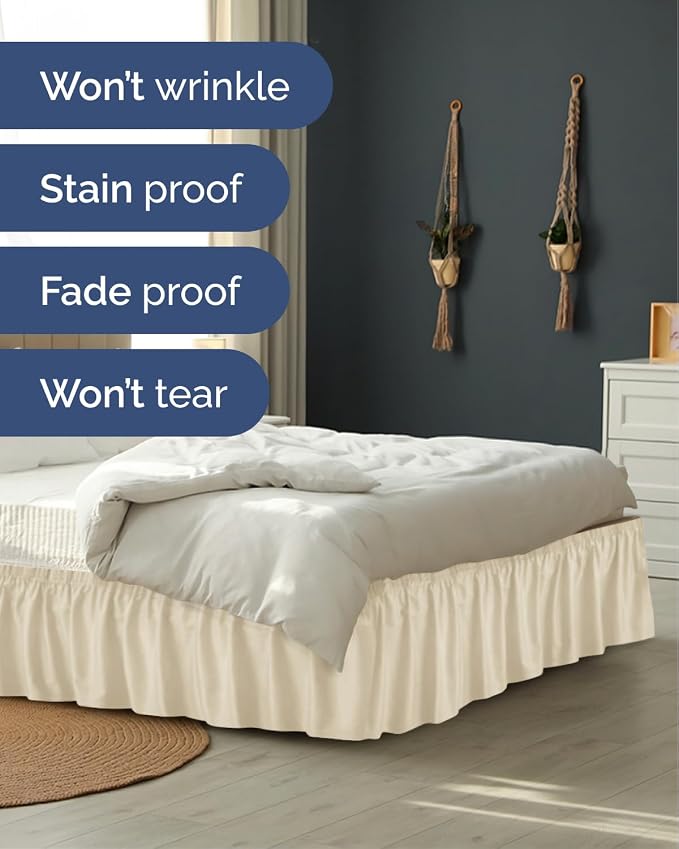 Wrap Around Dust Ruffle Bed Skirt, Full Size Beds - 15 Inch Drop, Off White | Easy Fit Elastic Strap, Adjustable Pleated Bedskirt w/Brushed Fabric, Wrinkle & Fade Free, for Women, Men, Kids & Teens