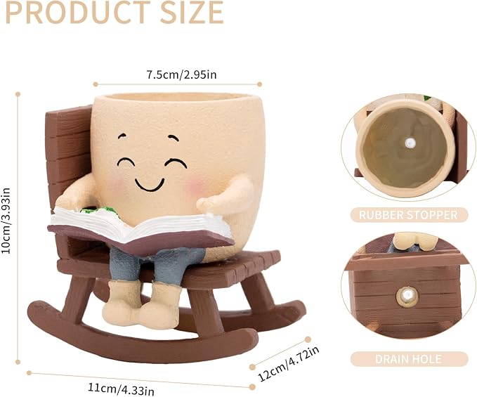 Smily Face Rocking Chair Reading Book Planter Pot for Indoor Plants