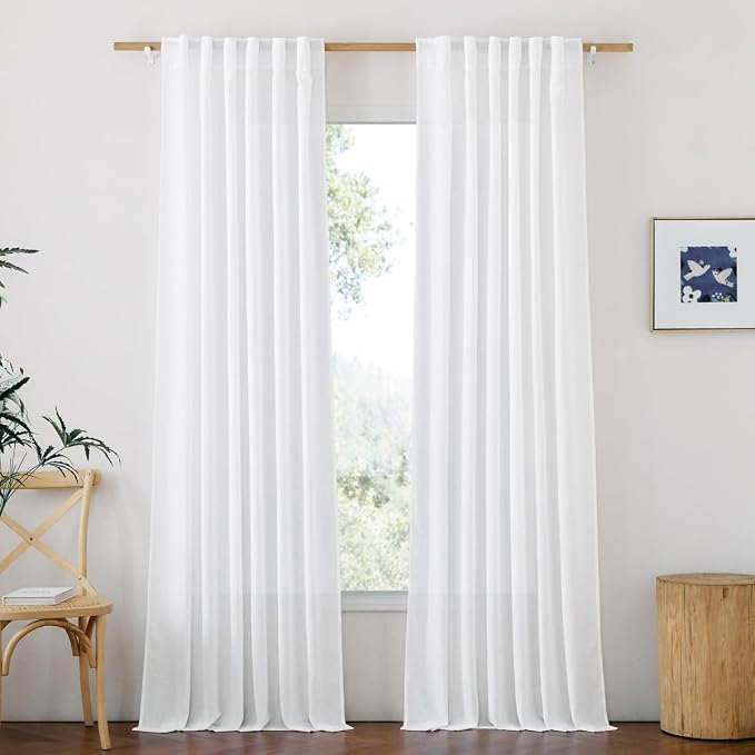 NICETOWN White Linen 108 inch Curtains for Living Room, Rod Pocket & Back Tab Thick Flax Privacy Semi Sheer Window Treatments with Light Filtering for Bedroom, W55 x L108, 2 Panels