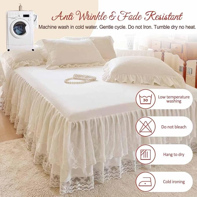 Lace Bed Skirt & Bedsheet Queen Size - 17 in. Drop, Easy Fit Ruffled Bedskirt Wrap Around Bedcover, Anti Wrinkle & Fade