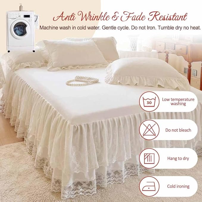 Lace Bed Skirt & Bedsheet King Size - 17 in. Drop, Easy Fit Ruffled Bedskirt Wrap Around Bedcover, Anti Wrinkle & Fade