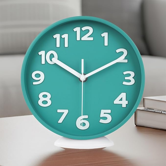 JENLYSTIME 8 Inch Vibrant Teal Modern Wall Clock – Silent Non-Ticking, Bold 3D Numbers, Precise Quartz Movement | Decorative Desk & Wall Clock with Stand for Home, Kitchen, Bedroom, or Office