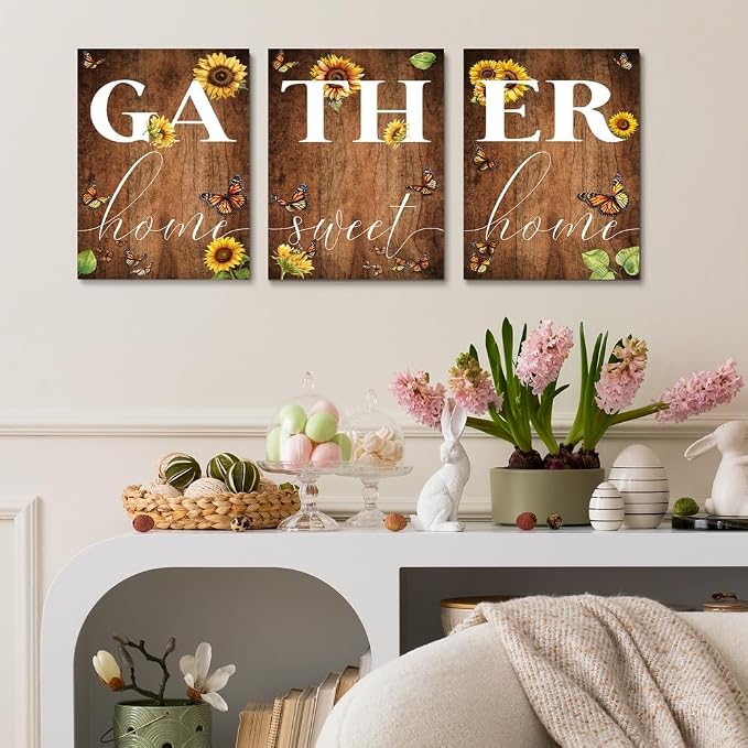 GUBIYU Rustic Farmhouse Dining Room Decor Cute Gather Signs, Home Wall Decor - 'Home Sweet Home' Sunflower Butterfly 12"X16"