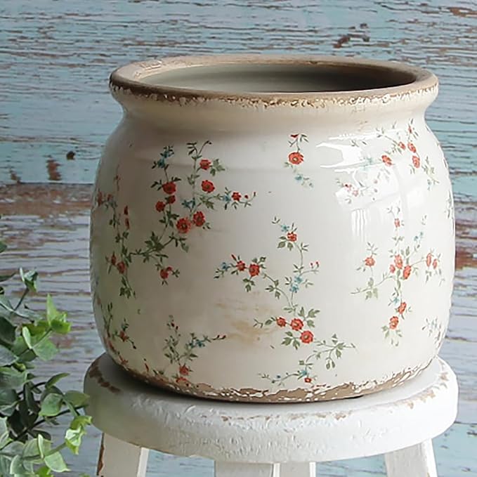 Cottagecore Ceramic Plant Pots, 6.29" French Country Floral Vase & Planters | Distressed Cottage Farmhouse Home Decor for Balcony Bookshelf Table Centerpieces, Grandma Core Aesthetic, Gifts for Grandma
