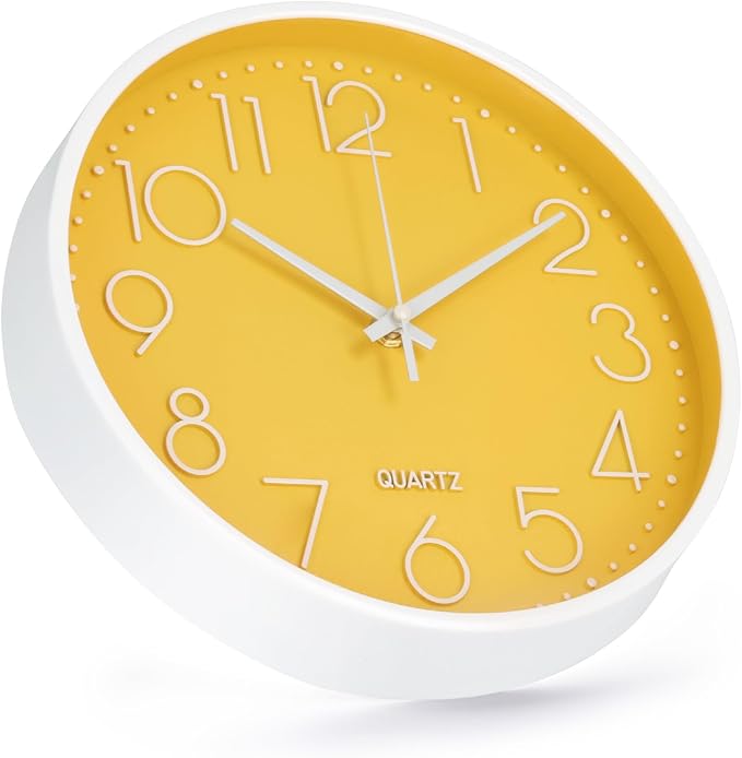 Wall Clock Non-Ticking Silent Modern Simple Style Round Decor Clock Stereoscopic Dial Quartz Wall Clocks for Home/Office/School/Living Room/Bedroom/Kitchen (Yellow, 12inch)