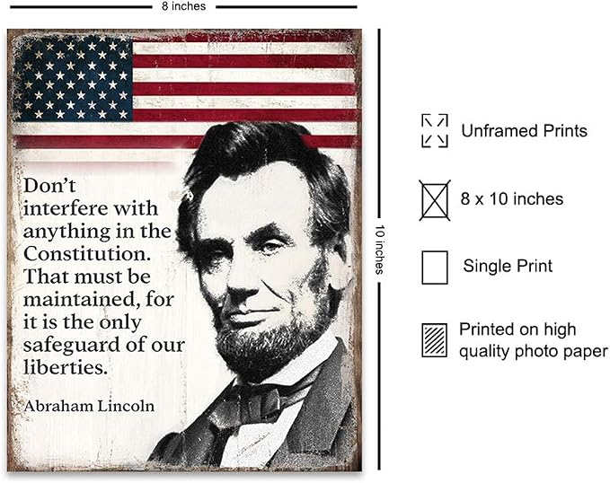 Abraham Lincoln Poster - 8x10 Inspirational Quote - American Flag Decor - Abe Lincoln Gifts - Patriotic Decor for Home or Office - Rustic American Wall Art - US Constitution Art