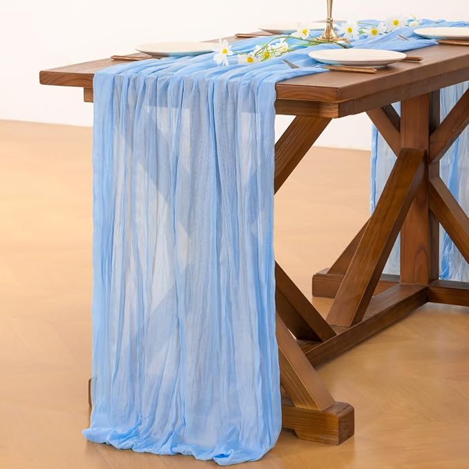 Blue Cheesecloth Table Runner Fall Boho Wedding Birthday Party Home Decor | Blue 3pcs Rustic Gauze 10FT Cheese Cloth Sheer Farmhouse Dining Runner for Baby Shower Bridal Holiday Decorations