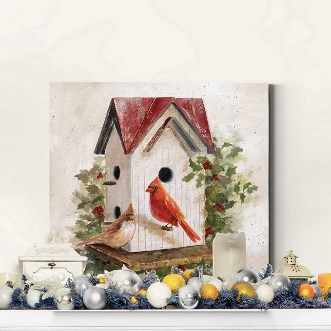 Renditions Gallery Christmas Abstract Wall Art Holly Red Cardinal Birdhouse Canvas Hanging Artwork Prints for Bedroom Living Room & Kitchen Decorations - 10"X10" LT05