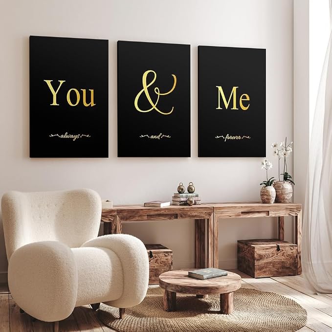GUBIYU Black and Gold Bedroom Art Love Wall Decor - You and Me Word Canvas - Ideal Gift for Girls - Farmhouse Wall Art - 16"x24"