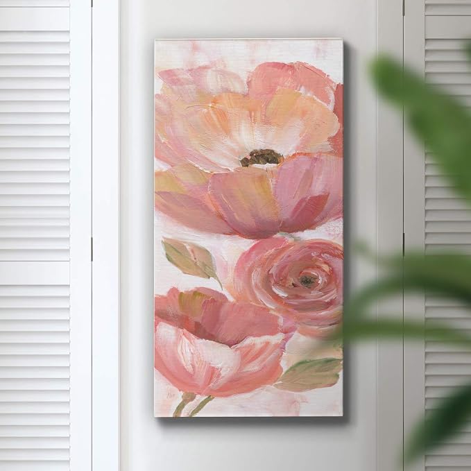 Renditions Gallery Canvas Floral Wall Art Home Paintings & Prints Pink Blooming Flowers Romantic Modern Vibrant Wall Hanging Decorations for Bedroom Office Kitchen - 12"x24" LT43