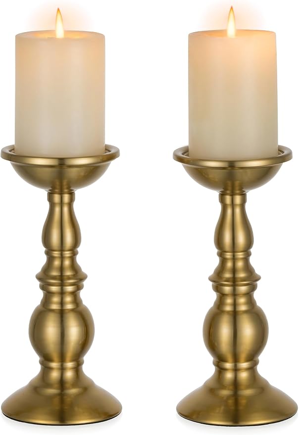 NUPTIO Pillar Candle Holder Brass: Gold Tall Candles Stand for 3" Pillars