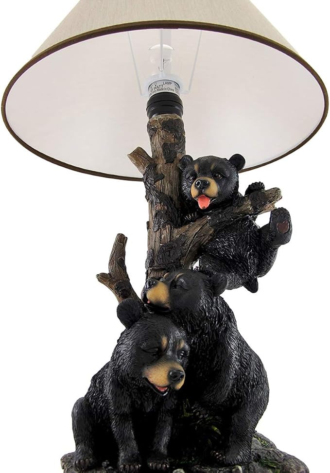Zeckos Black Bear Family Table Lamp W/Tree Bark Print Shade Western Décor