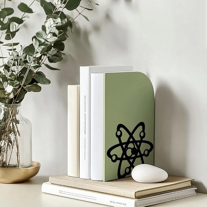 Peacoblue 5.3"x4.3"x6.1" Metal Bookends, Heavy Duty Book Ends for Shelves | Atom Theme Cast Iron Book Supports, 1 Pair Decor Stoppers for Desk, Library, Office & Home Shelves