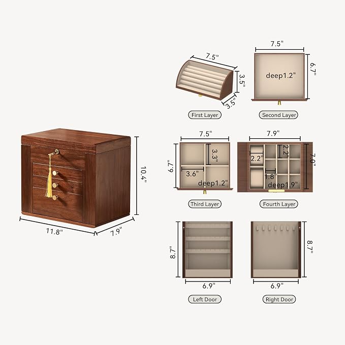 CHOSIN Black Walnut Wooden Jewelry Box for Women with Lock, Mirror, 4 Layer | Locking wity Key, 2 Drawers, Rotating Ring Holder, 2 Side Doors, Large Capacity for Necklaces, Earrings, Rings, Women Gifts
