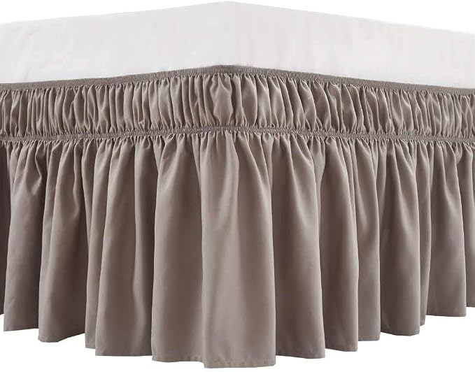 MEILA Wrap Around Elastic Bed Skirt for Queen & King Beds, 18" Drop,Taupe | Three-Side Adjustable Elastic Dust Ruffle, Ruffled Polyester Fabric, Easy to Install, Fade Resistant & Machine Washable