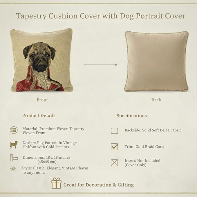 Pug Renaissance Dog Throw Pillow Cover - Tache Napoleon Bownparte - 2 Pieces 18 X 18 Inch Square French Vintage Tapestry Woven Set