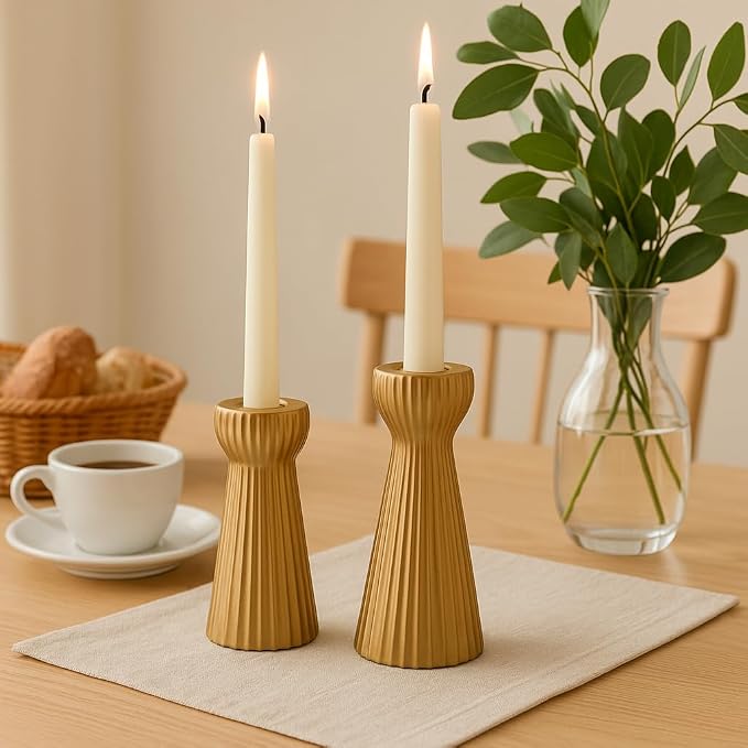 Taper Candle Holders Set of 2, Ceramic Candlestick Holder Home Decor Golden