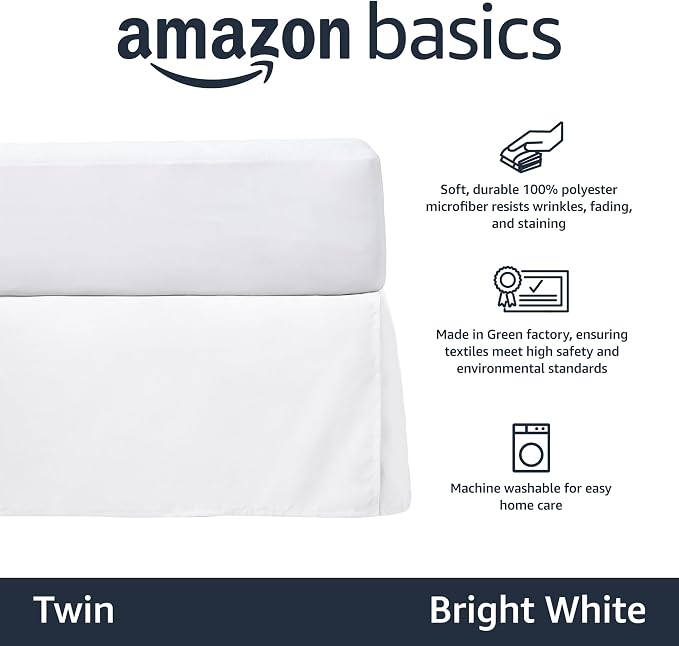 Amazon Basics Lightweight Pleated Bed Skirt, Twin, Bright White, Solid, (Pack of 8)