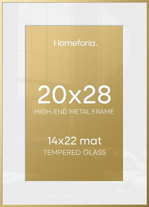 Homeforia 20x28 Gold Picture Frame, High-End Metal, 14x22 Mat, Glass