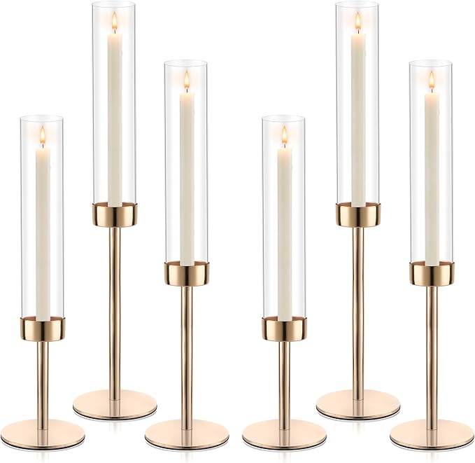 Gold Hurricane Candle Holders, Set of 6 Glass Taper Candlestick Holders Metal Candle Stands Bulk with Glass Cover for Dining Tables Wedding Candelabra Centerpieces Decor