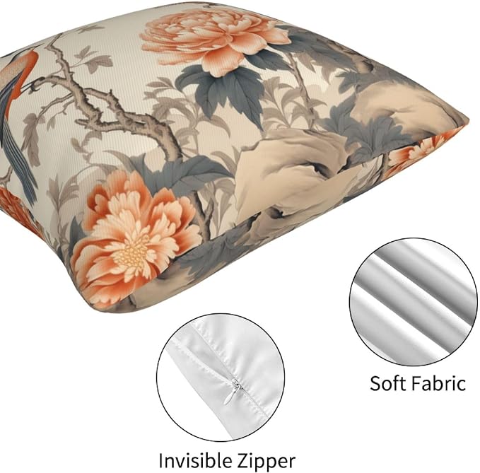 Chinoiserie Throw Pillow Covers 18x18 inch Set of 4 Peony Floral Pillow Cases Bird Flower Decorative Cushion Covers for Sofa Couch