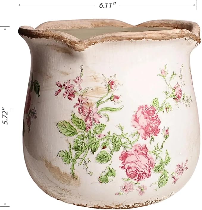 Xiaan Jiaju Shabby Chic Flower Pot, 6.11 Inch Ceramic Planter with Drainage for Indoor Plants, Vintage Ceramic Vase, Country Chic Spring Garden Home Decor, Pink Rose Floral