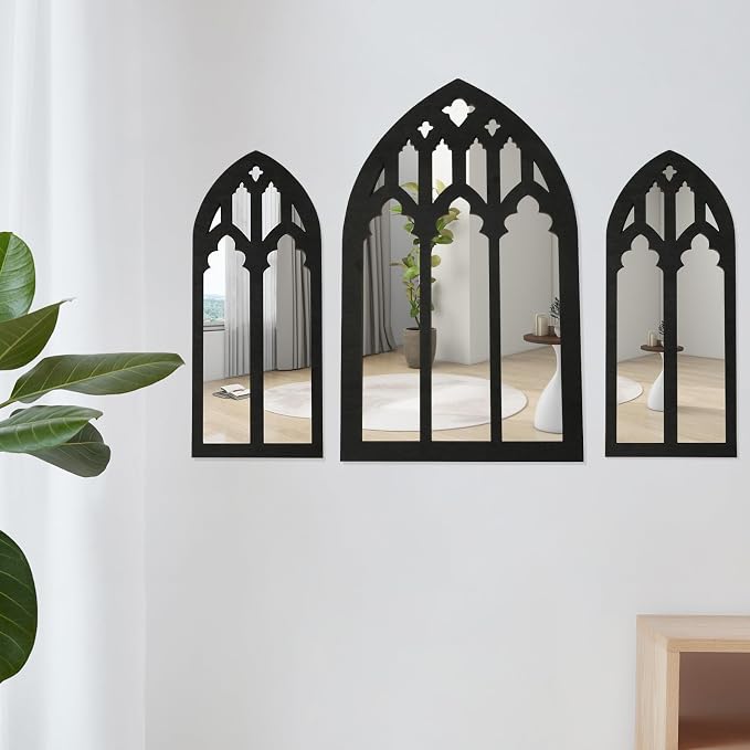 3 Pcs Gothic Arched Window Wall Mirror Set, Cathedral Arched Mirror Decor, Self-Adhesive Wall Mount for Living Room, Bedroom, Bathroom, Vanity, Entryway (31-B Model, Black)