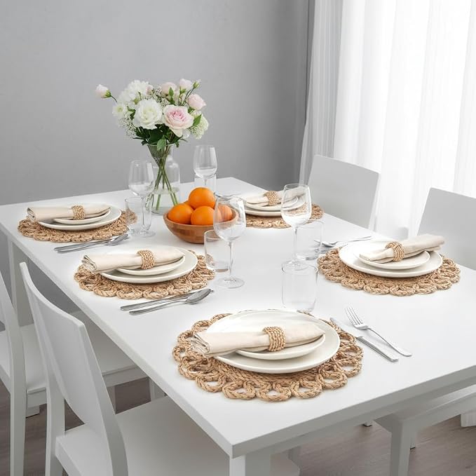 13.8" Corn Husk Woven Round Placemats Set of 6 - Wicker Boho Farmhouse Placemats - Rattan Table Mats Like Water Hyacinth for Dining Table, Wedding, Home