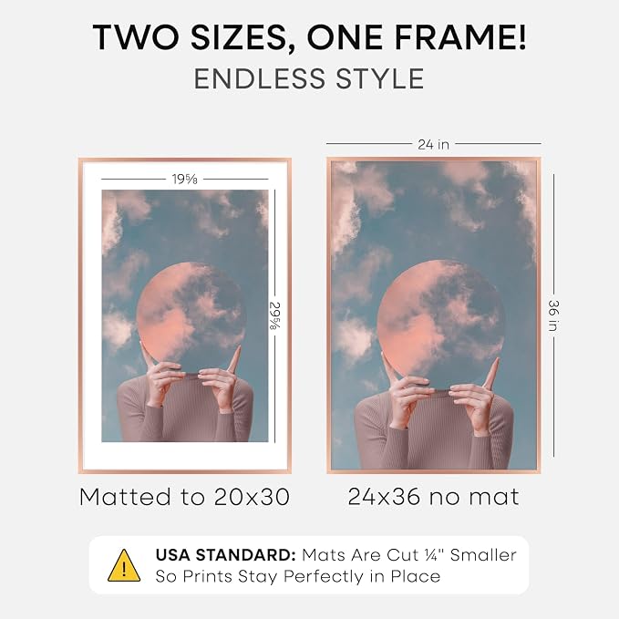 Homeforia 24 x 36 Poster Frame Rose Gold, Premium 24x36 Puzzle Frame Metal Matted to 20x30 Photo, 36 x 24 Picture Frame with Mat for 20 x 30 Photo, Tempered Glass, Wall Hook Included, Set of 1