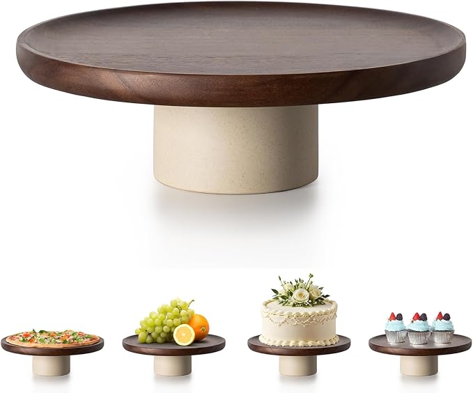 CEEFU 11 inch Rustic Acacia Wood Cake Stand Wedding Dessert Display | Natural Wooden Clay, Farmhouse Serving Stand for Cupcake Dessert Bites Display in Party, Birthday, Beautiful Kitchen Decor