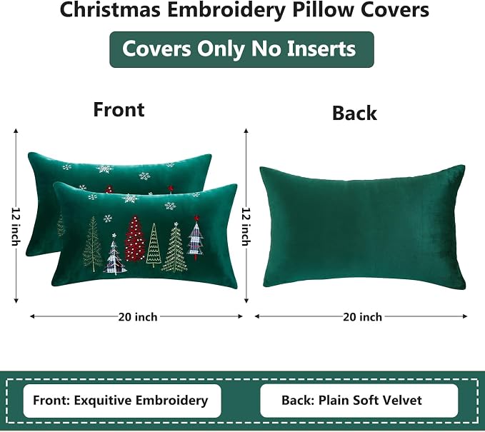 Christmas Embroidery Throw Pillow Covers 12 x 20 inch Set of 2 Christmas Dec Velvet Pillowcases Forest Green Xmas Trees Cushion Pillow Cases Soft Lumbar Holiday Pillowcase