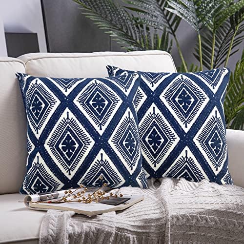 Alysheer Boho Embroidered Throw Pillow Cover 18"x18" Set of 2, Navy Blue