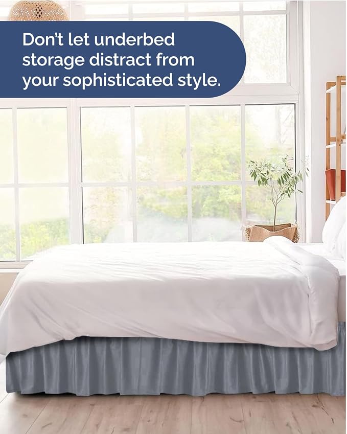Wrap Around Dust Ruffle Bed Skirt, King Size - 12 Inch Drop, Steel Blue | Easy Fit Elastic Strap, Adjustable Pleated Bedskirt w/Brushed Fabric, Wrinkle & Fade Free, for Women, Men, Kids & Teens