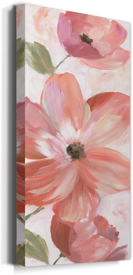 Renditions Gallery Canvas Floral Wall Art Home Paintings & Prints Pink Blooming Flowers Glam Modern Botanical Vibrant Decorations Artwork for Bedroom Office Kitchen - 20"x40" LT43