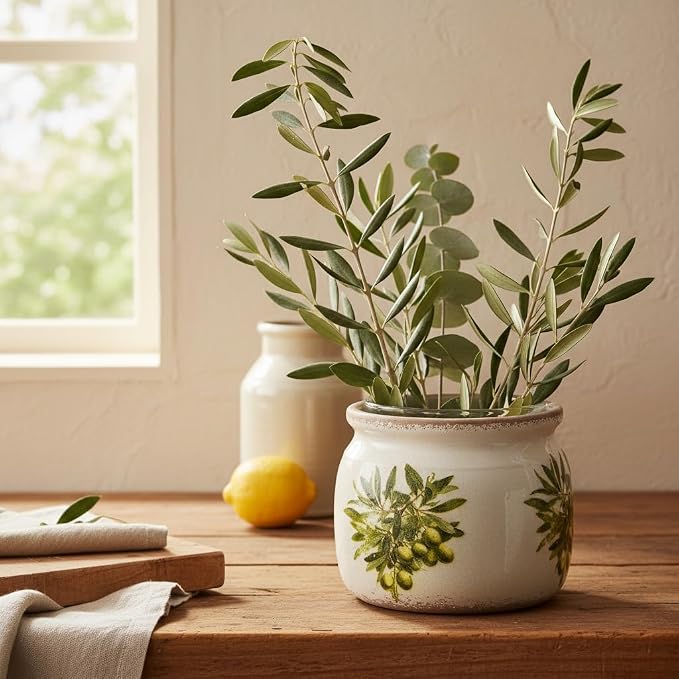 Olive Ceramic Planter, Italian Mediterranean Flower Pot for Indoor Plants | 6.29" Tuscan Vase & Plant Pot with Drainage, Amalfi Coast Style Kitchen Home Decor Gift, Olive Green
