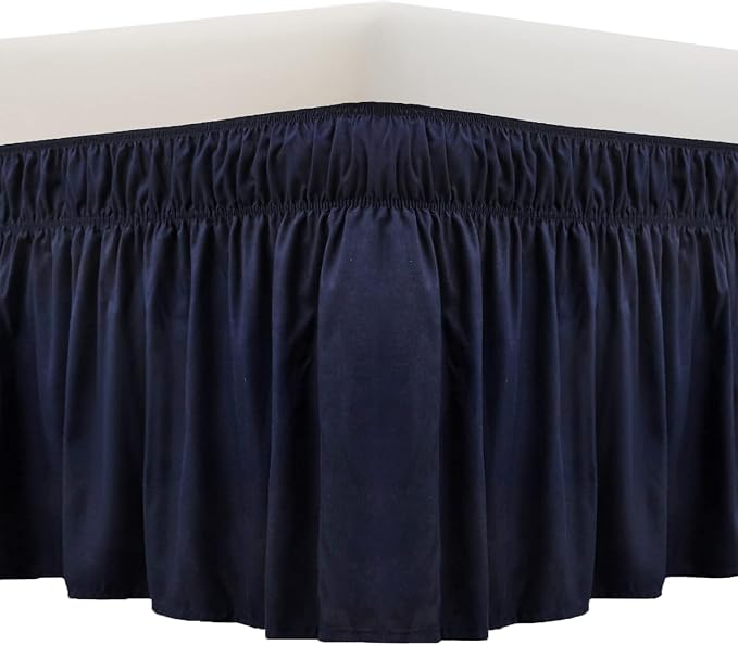 MEILA Wrap Around Bed Skirt for Queen & King Beds, 12" Drop, Navy Blue | Three-Side Adjustable Elastic Dust Ruffle, Ruffled Polyester Fabric, Easy to Install, Fade Resistant & Machine Washable